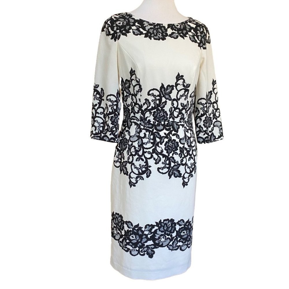 Adrianna Papell Womens Dress Size 8 Floral Lace 3/4 Sleeve Sheath Cocktail Party - Picture 5 of 12